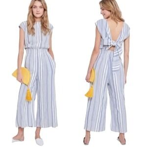 Roller Rabbit Emanelle Cotton Jumpsuit Medium Coastal Blue White Smock Tie Back